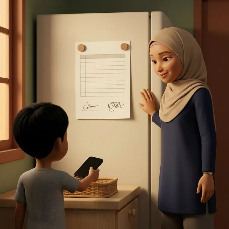 Perjanjian bertandatangan di pintu peti sejuk, tangan anak
                  melepaskan telefon ke dalam bakul rotan