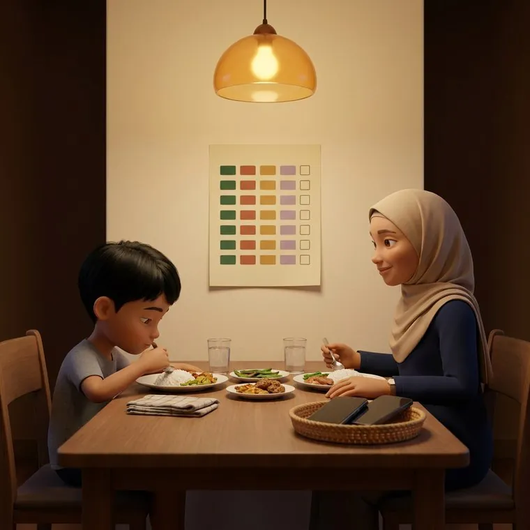 Carta rutin mingguan di dinding, meja makan tanpa telefon,
                  dua telefon diparkir dalam bakul