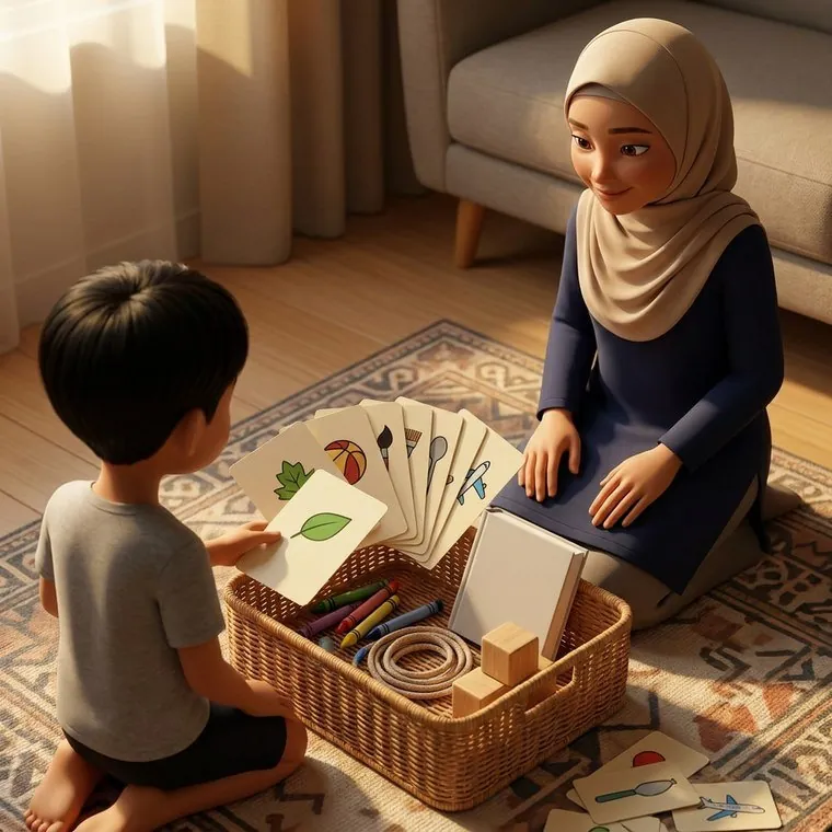 Bakul Bosan penuh kad aktiviti bergambar, krayon dan blok kayu,
                  tangan anak memilih satu kad