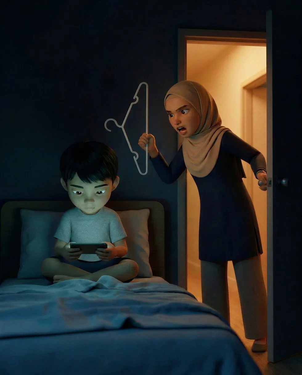 Anak duduk atas katil main telefon dalam bilik gelap, ibu memanggil dari pintu sambil pegang hanger