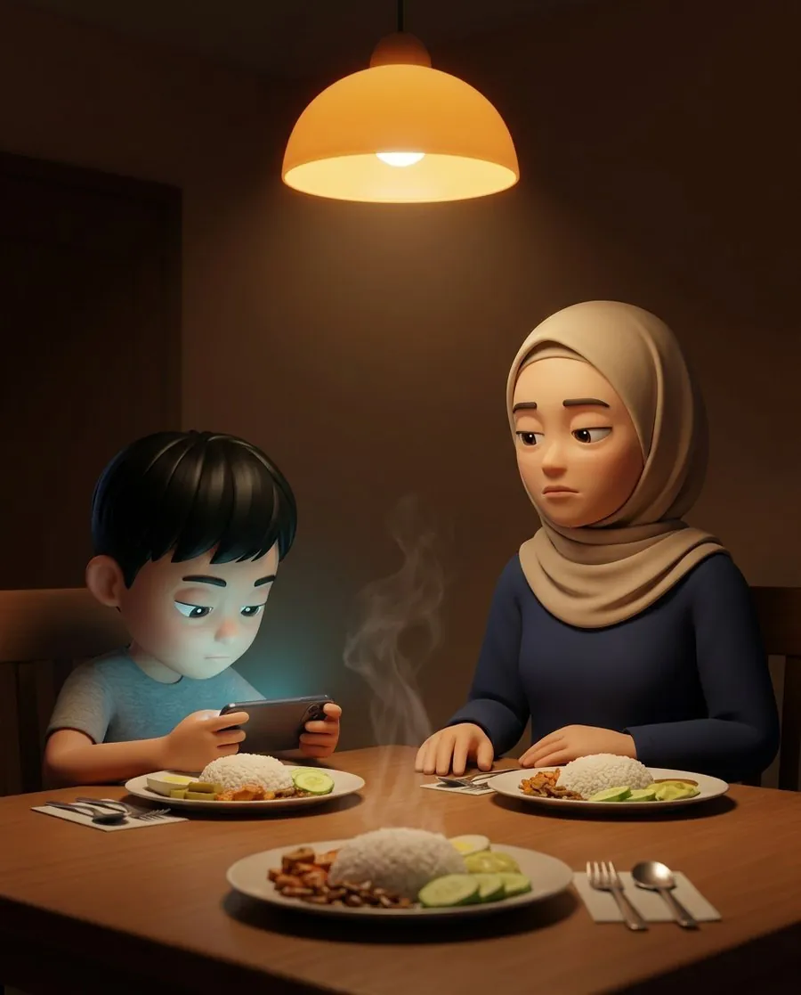 Ibu menunggu di meja makan, nasi masih berasap, anak tunduk pada telefon