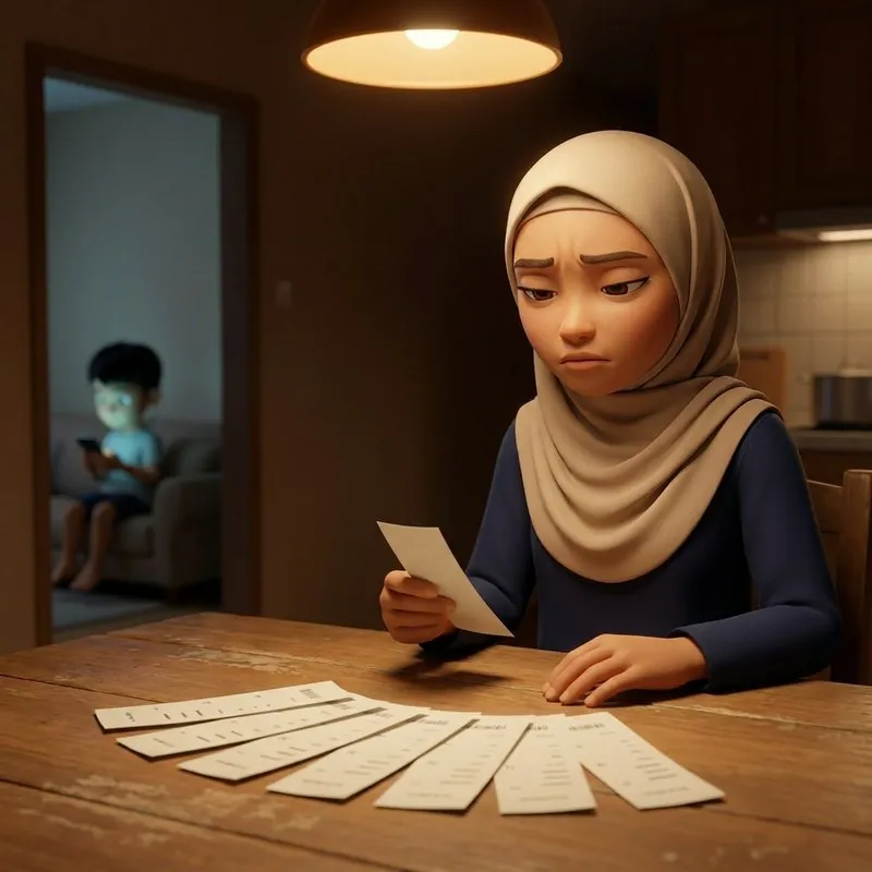 Ibu meneliti resit yang berselerak di atas meja dapur