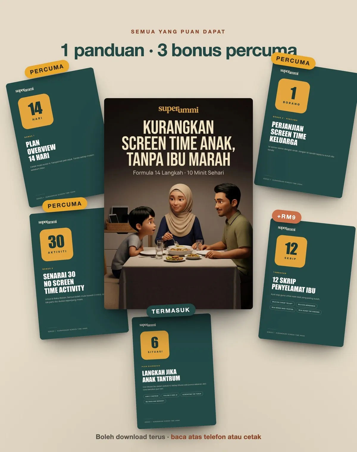 Semua yang disertakan: panduan utama, 3 bonus percuma dan tambahan 12 Skrip Penyelamat Ibu
